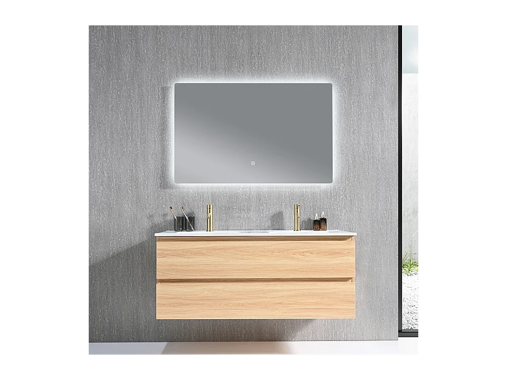 Meuble salle de bain double vasque 120cm bois naturel avec miroir LED LB-8331C