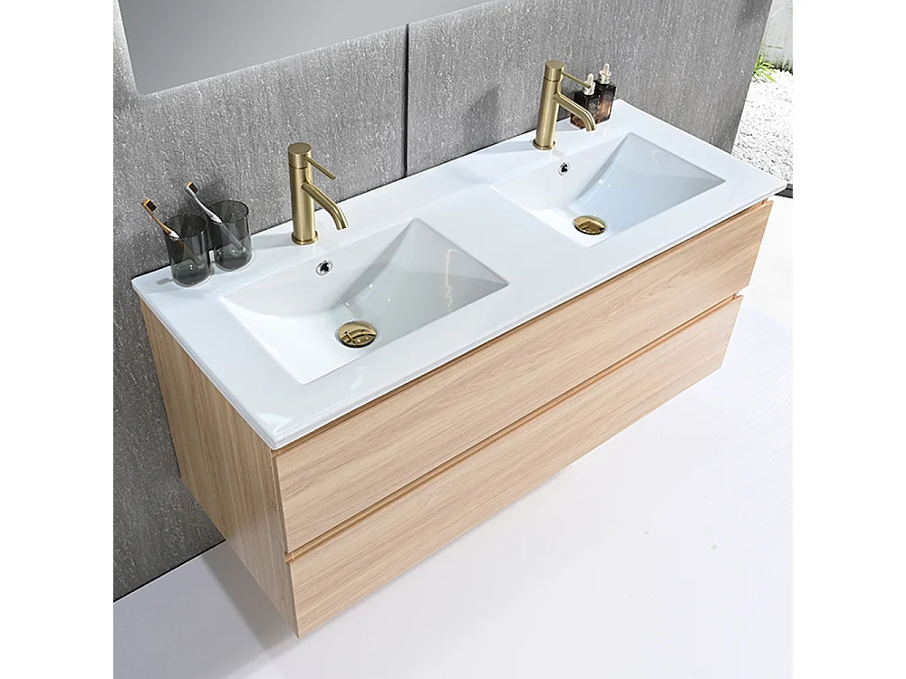 Meuble salle de bain double vasque 120cm bois naturel avec miroir LED LB-8331C