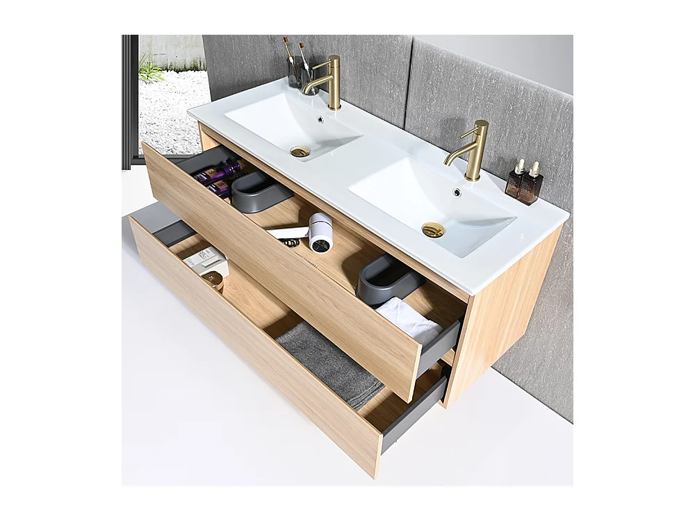 Meuble salle de bain double vasque 120cm bois naturel avec miroir LED LB-8331C
