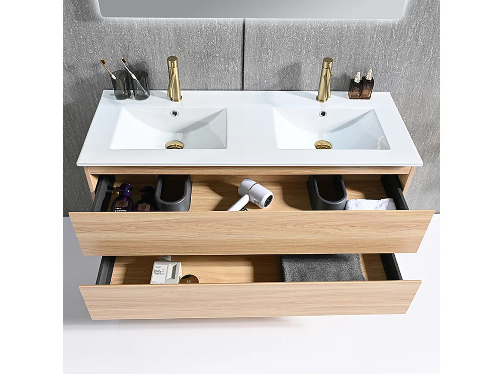 Meuble salle de bain double vasque 120cm bois naturel avec miroir LED LB-8331C