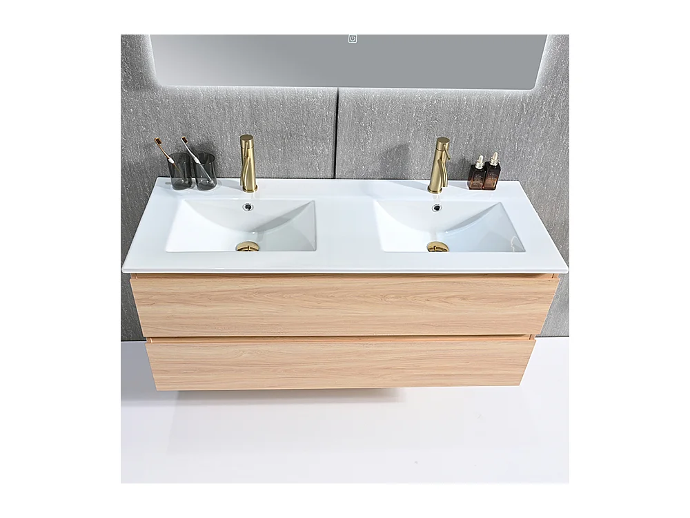Meuble salle de bain double vasque 120cm bois naturel avec miroir LED LB-8331C