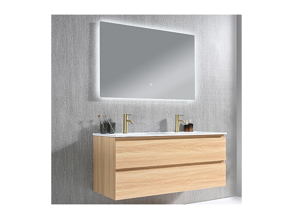 Meuble salle de bain double vasque 120cm bois naturel avec miroir LED LB-8331C