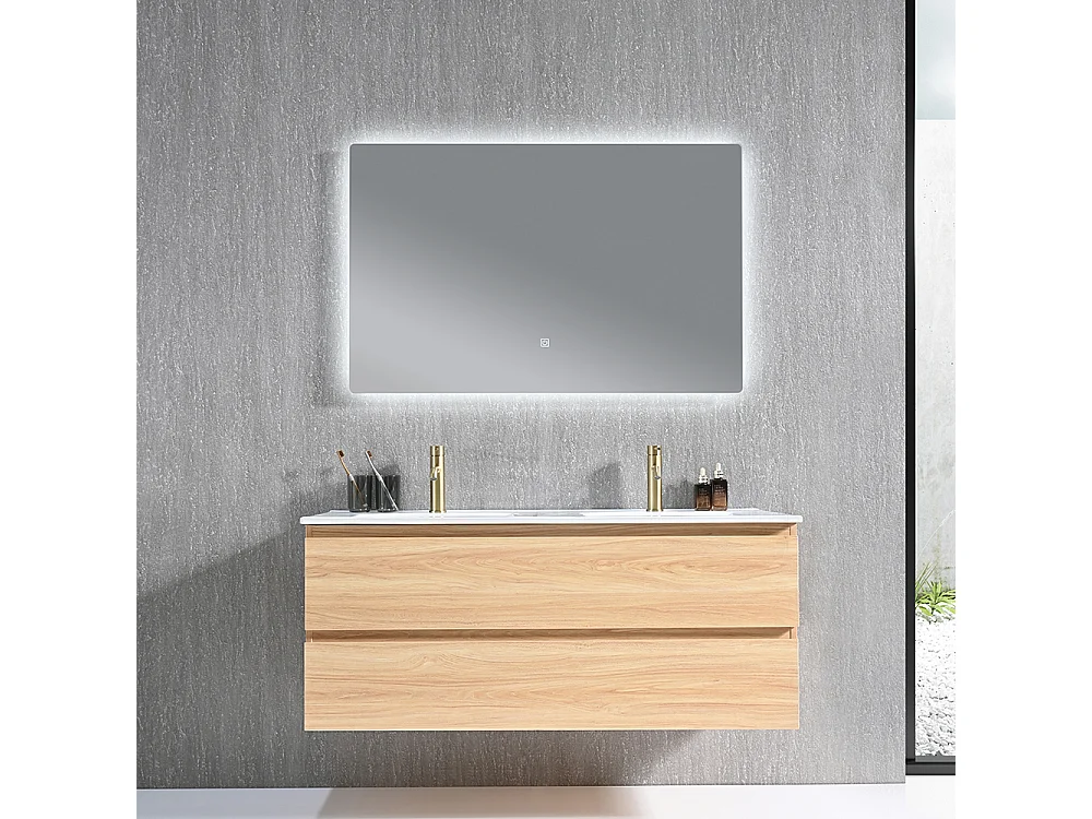 Meuble salle de bain double vasque 120cm bois naturel avec miroir LED LB-8331C