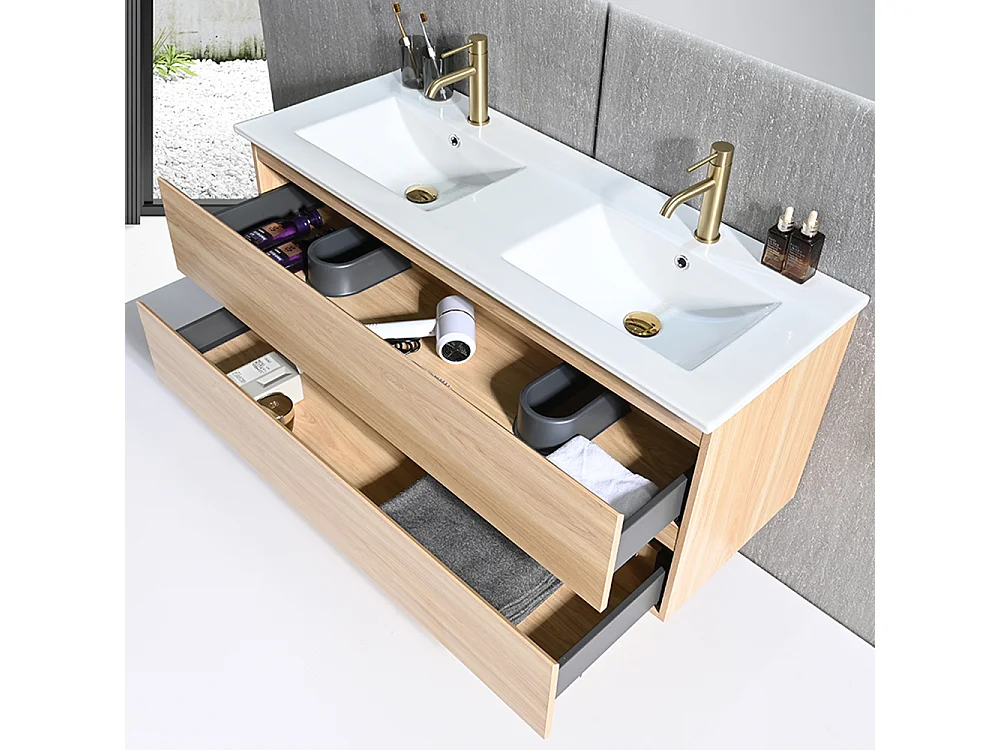 Meuble salle de bain double vasque 120cm bois naturel avec miroir LED LB-8331C