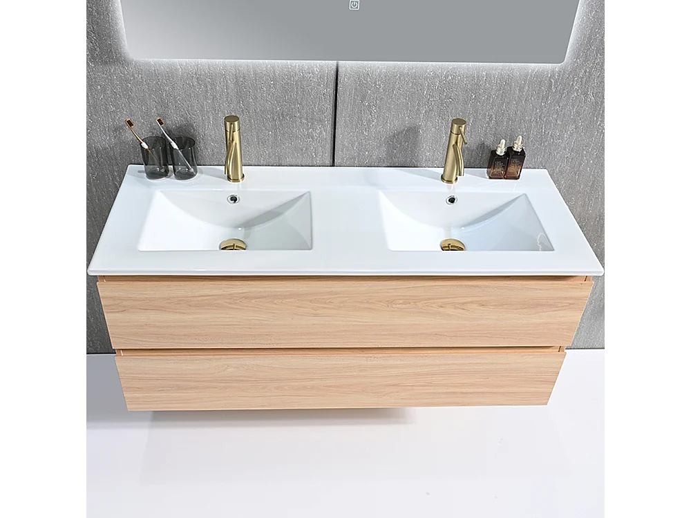 Meuble salle de bain double vasque 120cm bois naturel avec miroir LED LB-8331C