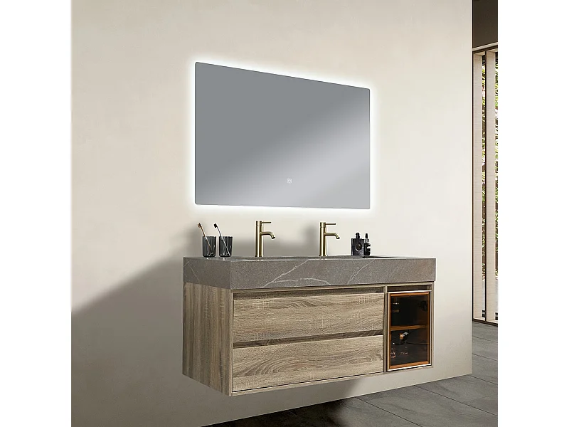 Meuble salle de bain double vasque 120cm bois et effet marbre marron avec miroir LED LB-8512M-120