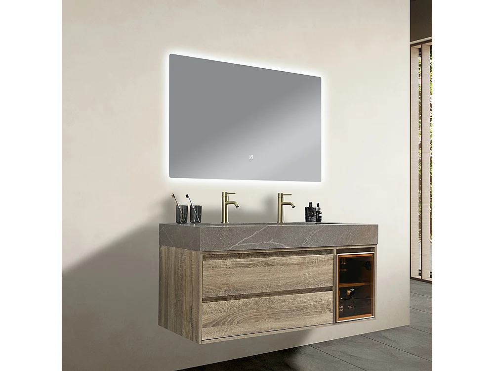 Meuble salle de bain double vasque 120cm bois et effet marbre marron avec miroir LED LB-8512M-120