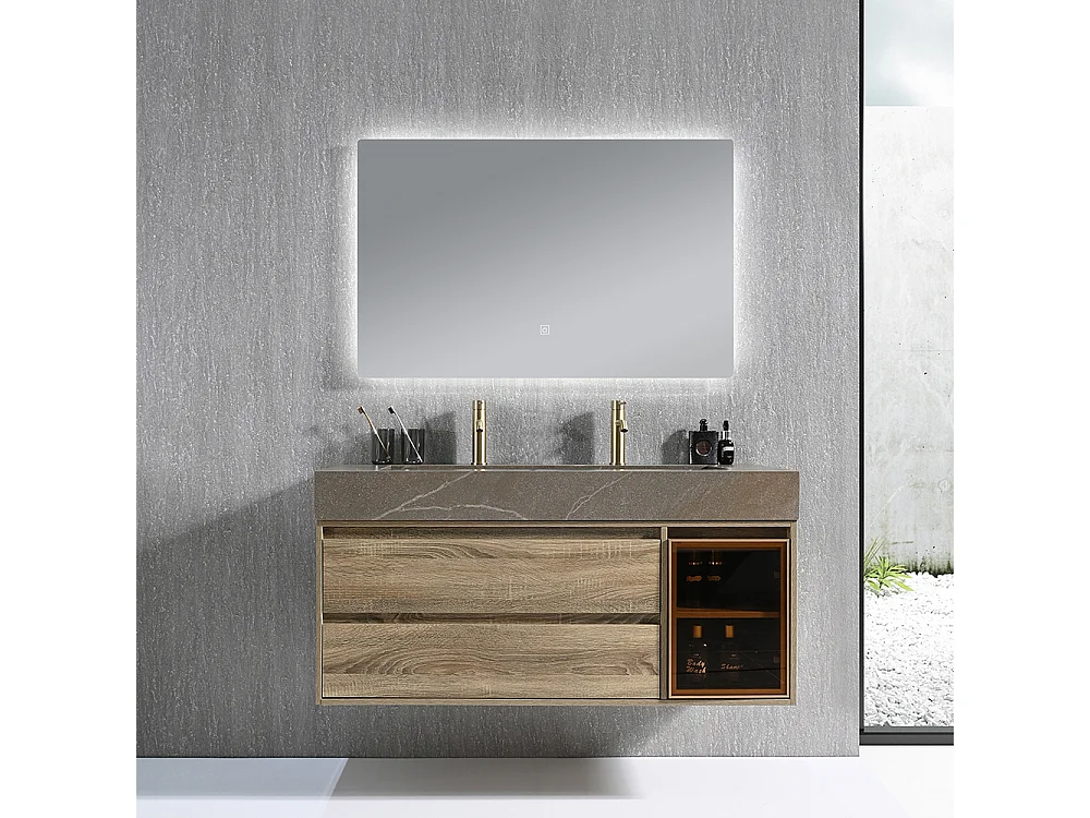 Meuble salle de bain double vasque 120cm bois et effet marbre marron avec miroir LED LB-8512M-120