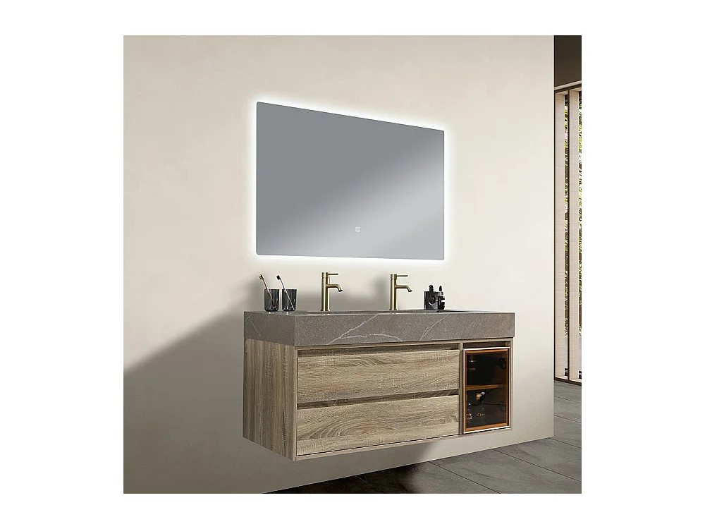 Meuble salle de bain double vasque 120cm bois et effet marbre marron avec miroir LED LB-8512M-120