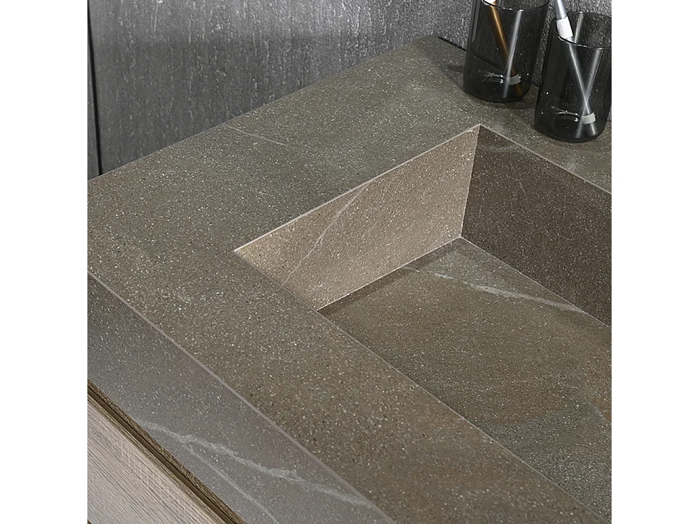 Meuble salle de bain double vasque 120cm bois et effet marbre marron avec miroir LED LB-8512M-120