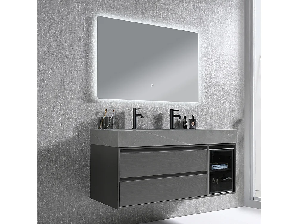 Meuble salle de bain double vasque 120cm gris et effet marbre gris avec miroir LED LB-8512G-120