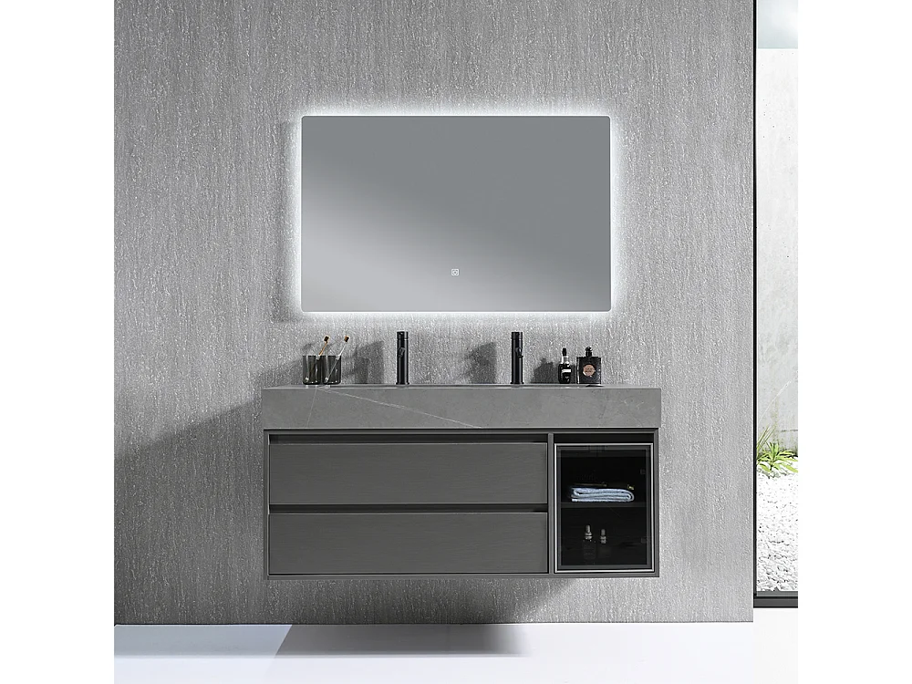 Meuble salle de bain double vasque 120cm gris et effet marbre gris avec miroir LED LB-8512G-120