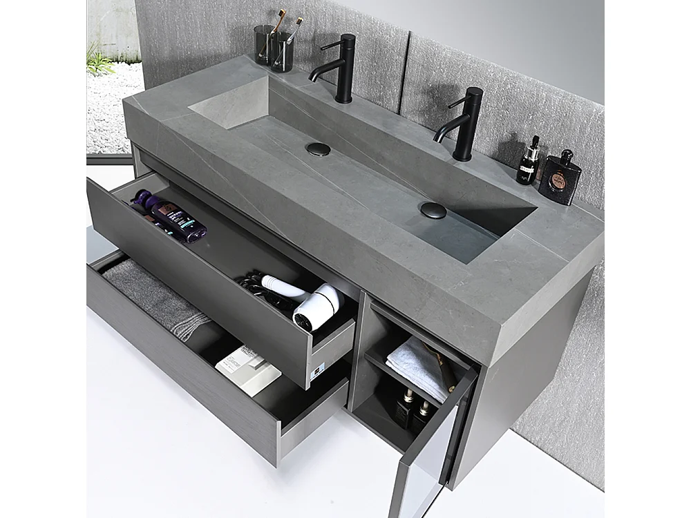 Meuble salle de bain double vasque 120cm gris et effet marbre gris avec miroir LED LB-8512G-120