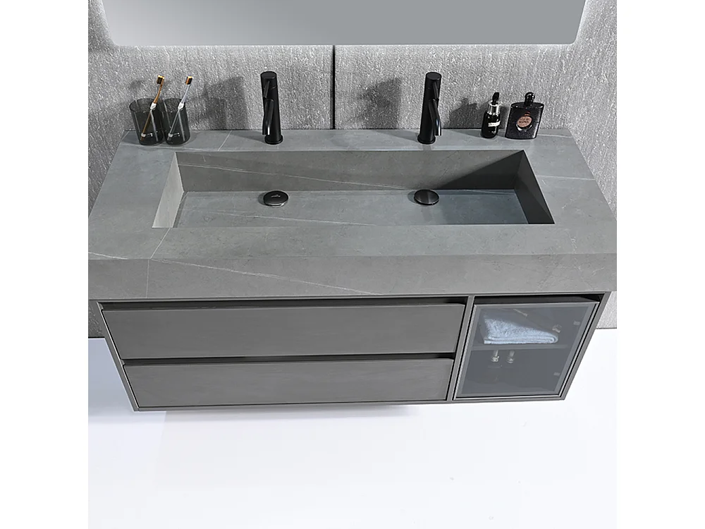 Meuble salle de bain double vasque 120cm gris et effet marbre gris avec miroir LED LB-8512G-120