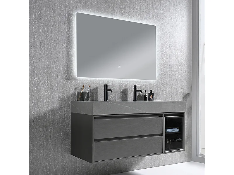 Meuble salle de bain double vasque 120cm gris et effet marbre gris avec miroir LED LB-8512G-120