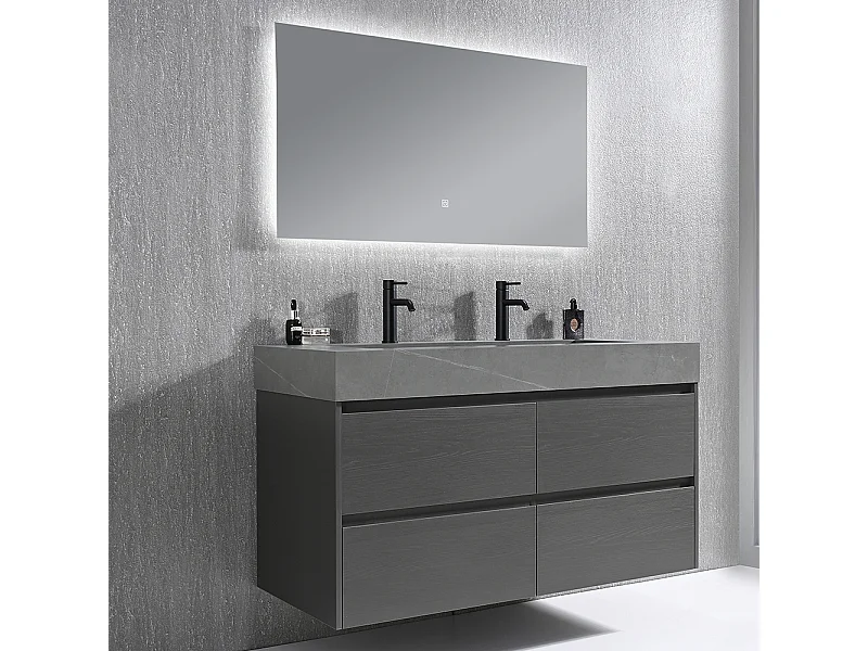 Meuble salle de bain double vasque 120cm gris et effet marbre gris avec miroir LED LB-8476G-120