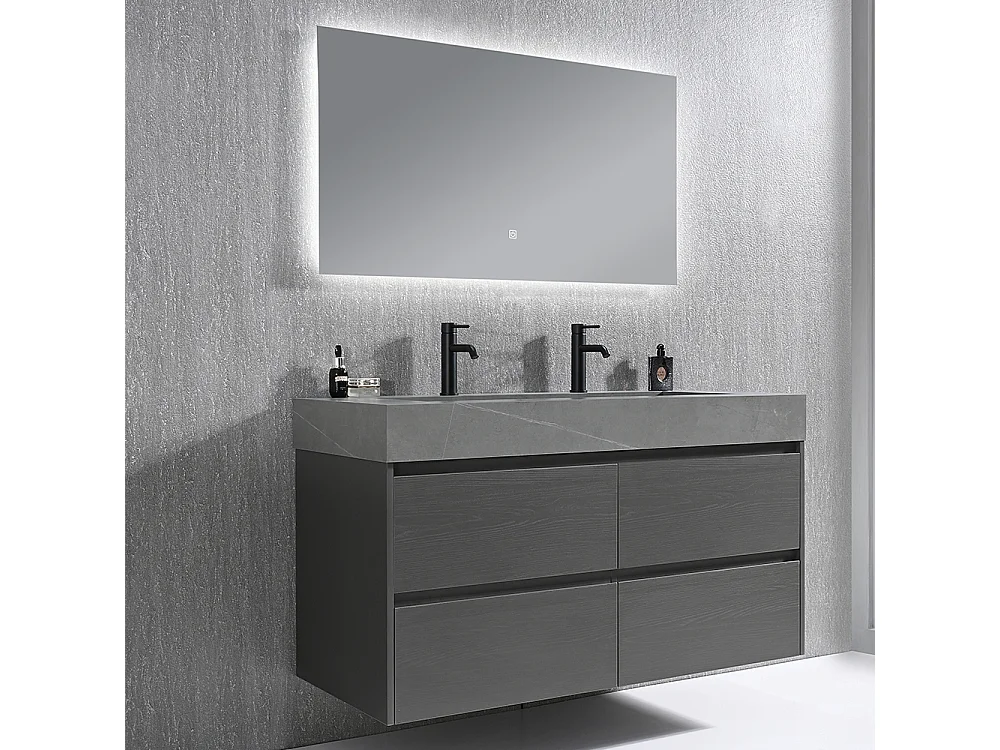 Meuble salle de bain double vasque 120cm gris et effet marbre gris avec miroir LED LB-8476G-120