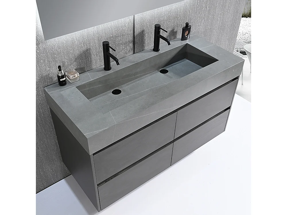 Meuble salle de bain double vasque 120cm gris et effet marbre gris avec miroir LED LB-8476G-120