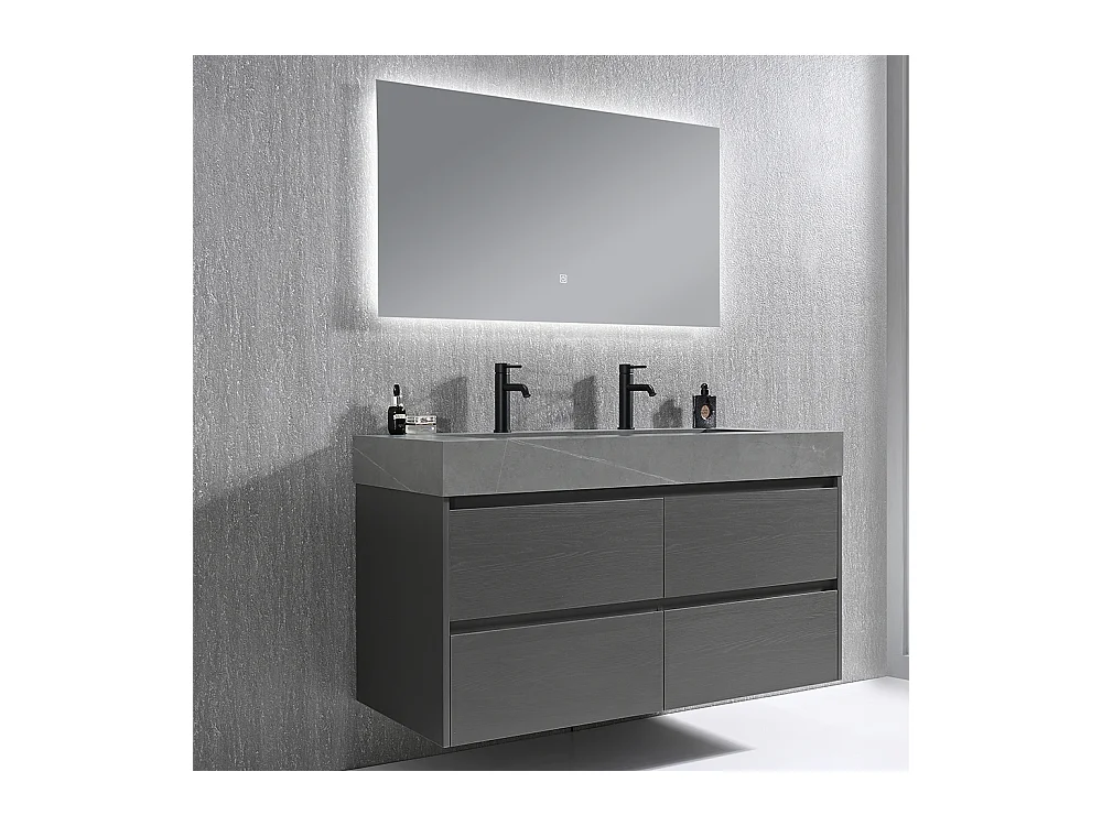Meuble salle de bain double vasque 120cm gris et effet marbre gris avec miroir LED LB-8476G-120