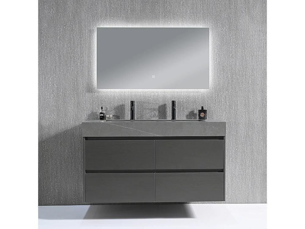Meuble salle de bain double vasque 120cm gris et effet marbre gris avec miroir LED LB-8476G-120