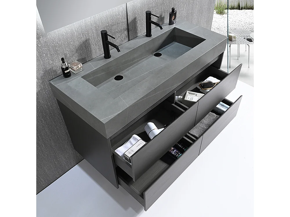 Meuble salle de bain double vasque 120cm gris et effet marbre gris avec miroir LED LB-8476G-120