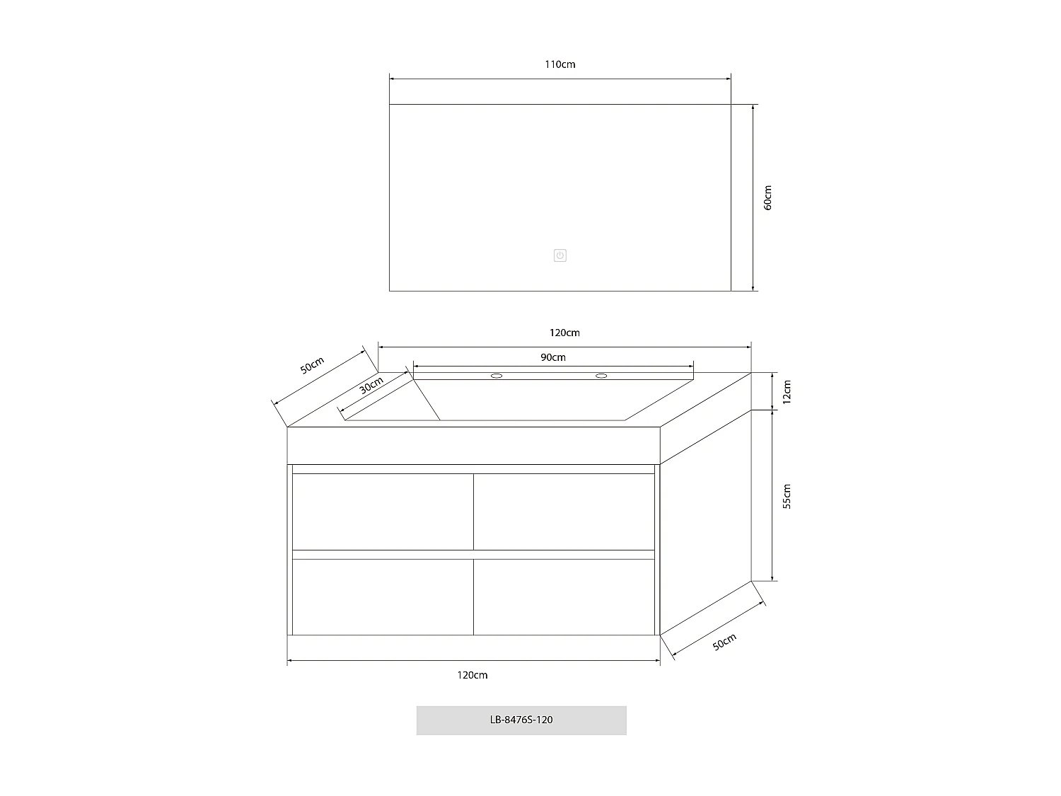 Meuble salle de bain double vasque 120cm gris et effet marbre gris avec miroir LED LB-8476G-120
