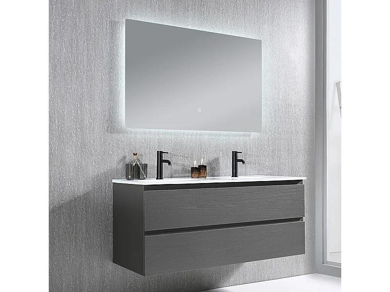Meuble salle de bain double vasque 120cm gris et miroir LED LB-8331G
