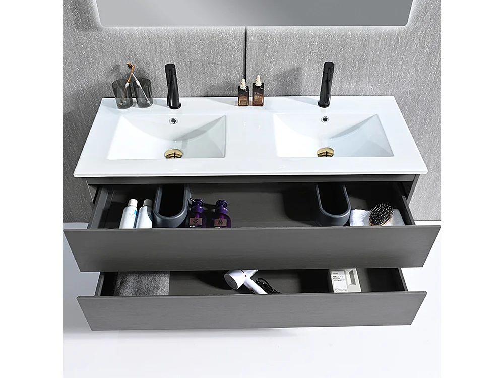 Meuble salle de bain double vasque 120cm gris et miroir LED LB-8331G