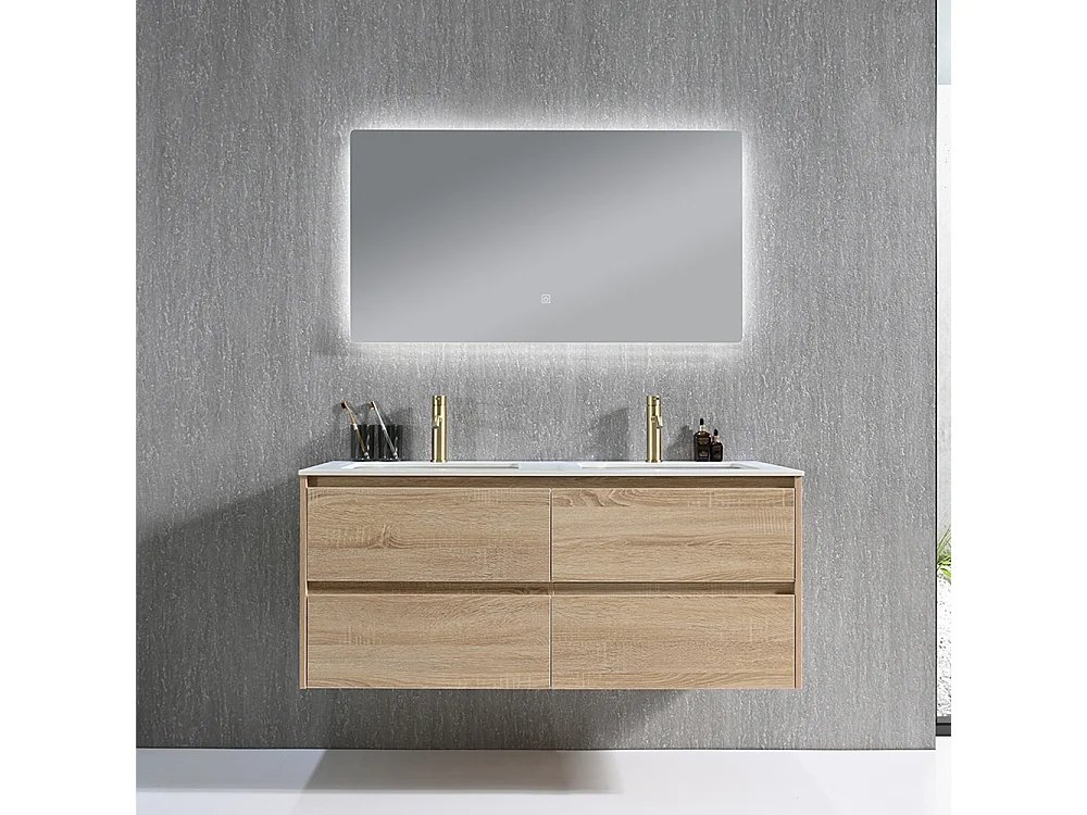 Meuble salle de bain double vasque 120cm bois naturel et effet marbre blanc avec miroir LED LB-8475C-120