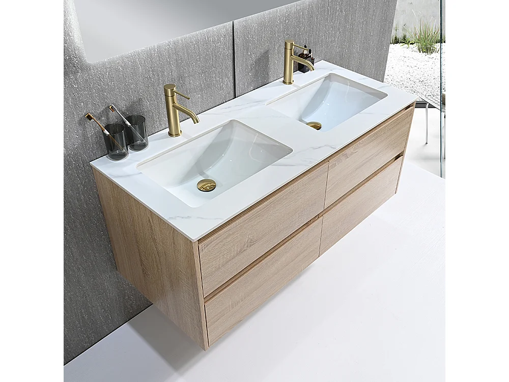 Meuble salle de bain double vasque 120cm bois naturel et effet marbre blanc avec miroir LED LB-8475C-120