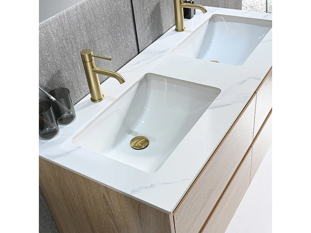 Meuble salle de bain double vasque 120cm bois naturel et effet marbre blanc avec miroir LED LB-8475C-120