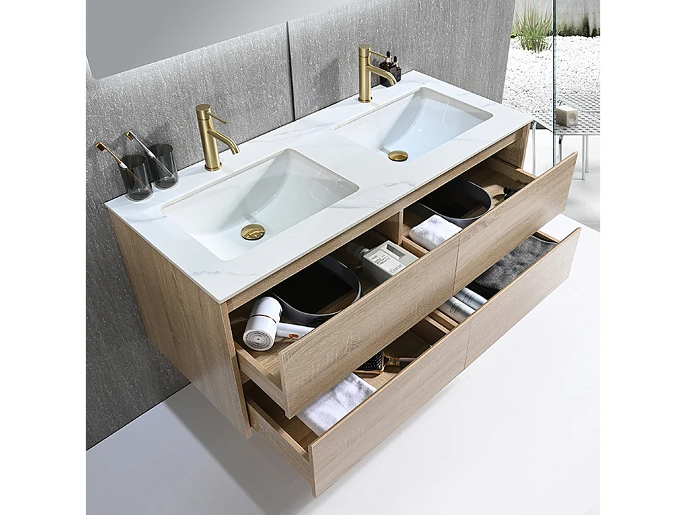 Meuble salle de bain double vasque 120cm bois naturel et effet marbre blanc avec miroir LED LB-8475C-120