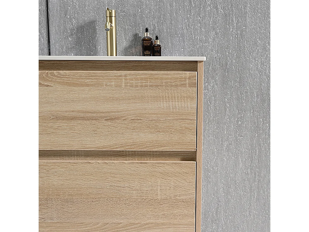 Meuble salle de bain double vasque 120cm bois naturel et effet marbre blanc avec miroir LED LB-8475C-120