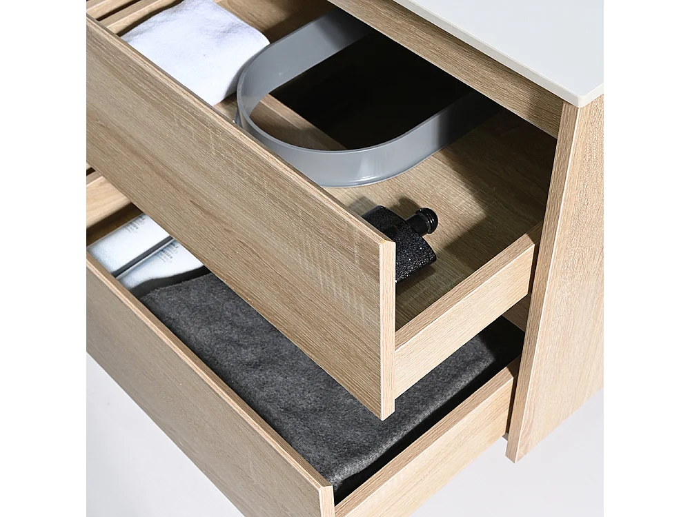 Meuble salle de bain double vasque 120cm bois naturel et effet marbre blanc avec miroir LED LB-8475C-120