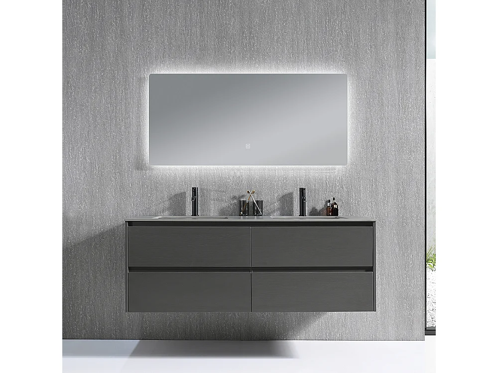 Meuble salle de bain double vasque 120cm gris et effet marbre gris avec miroir LED LB-8475G-120