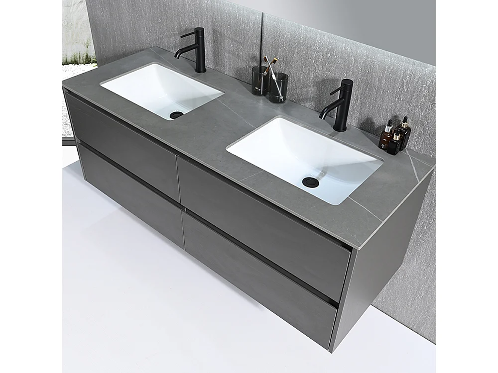 Meuble salle de bain double vasque 120cm gris et effet marbre gris avec miroir LED LB-8475G-120