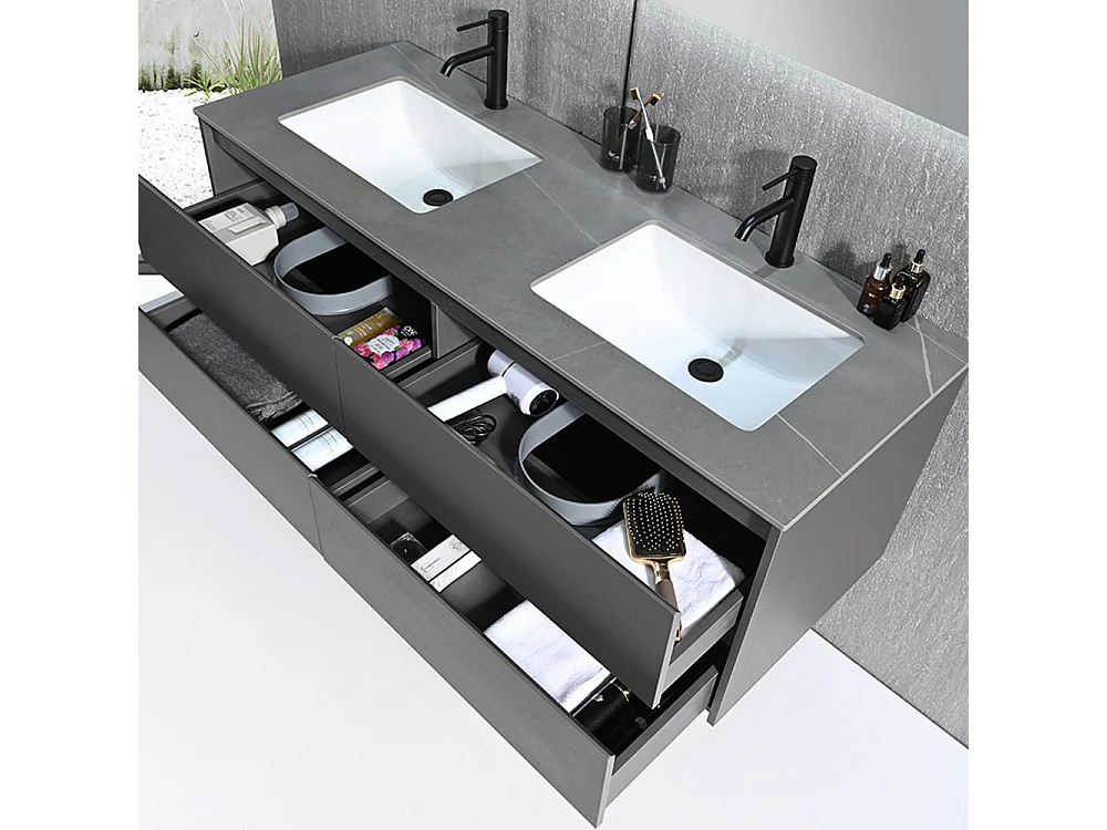 Meuble salle de bain double vasque 120cm gris et effet marbre gris avec miroir LED LB-8475G-120