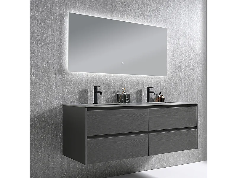 Meuble salle de bain double vasque 120cm gris et effet marbre gris avec miroir LED LB-8475G-120