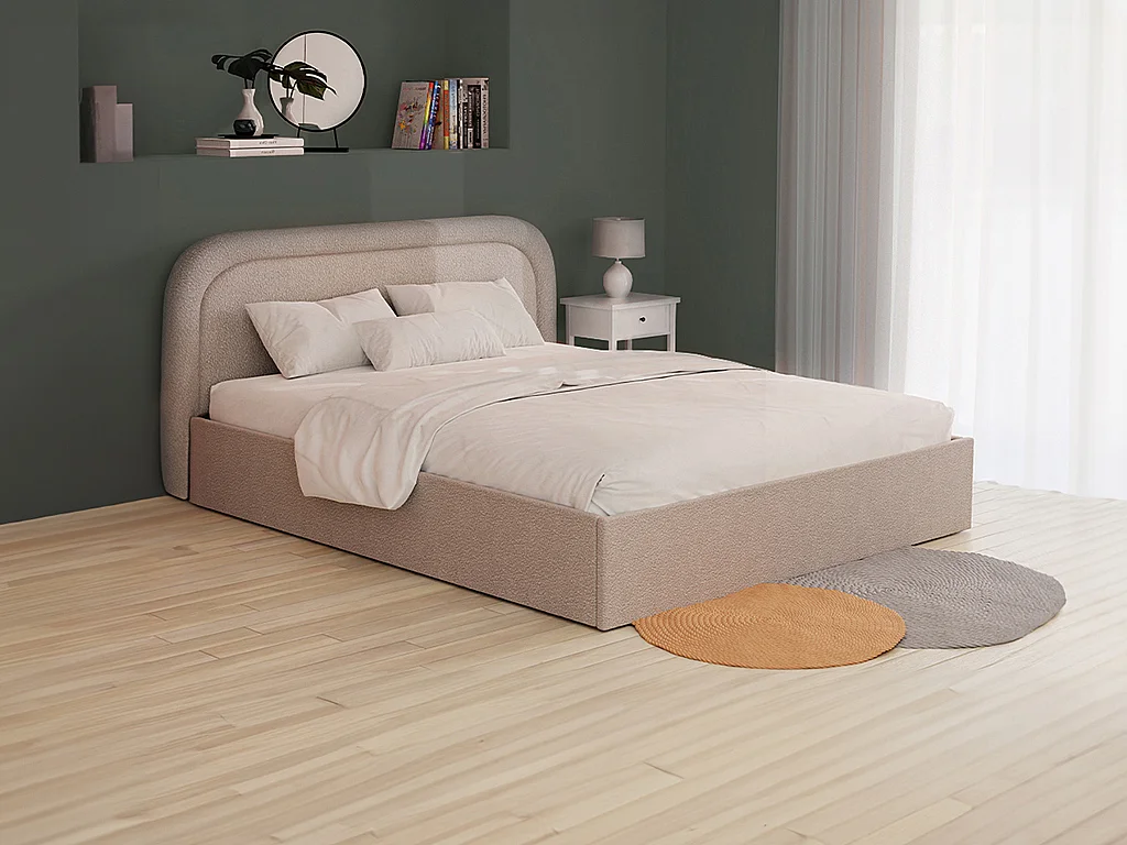 Lit coffre 200 x 200 cm - Tissu bouclette - Beige - FIREZA II