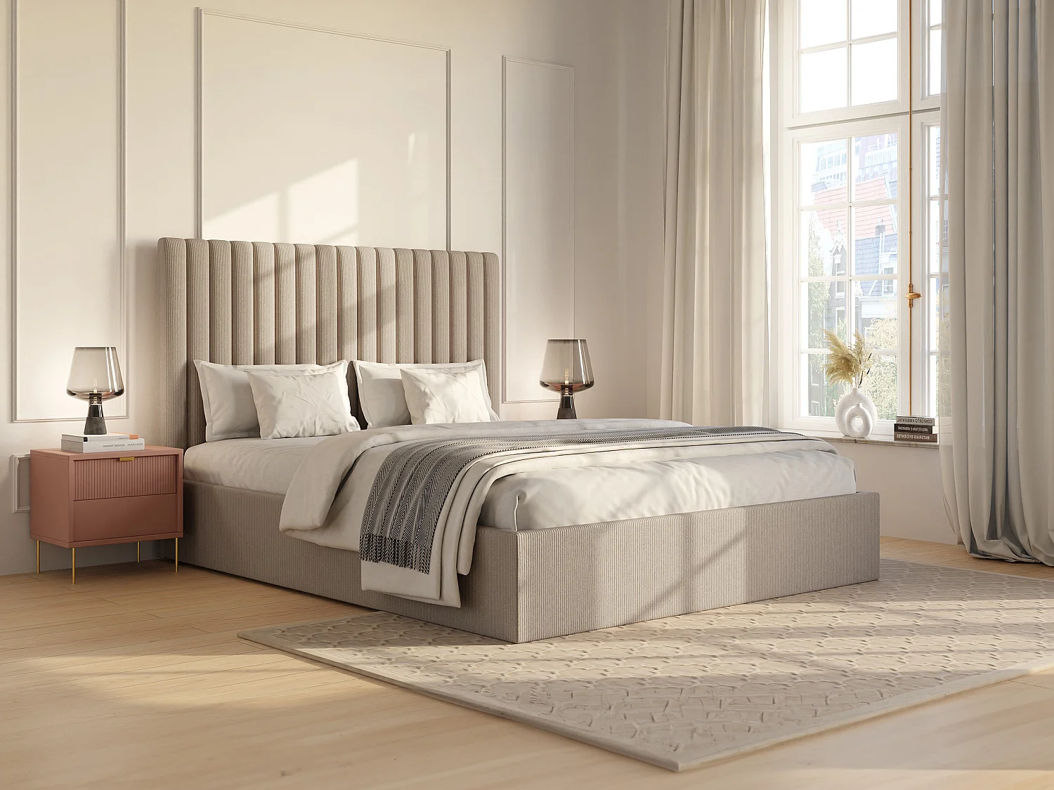 Lit coffre 140 x 190 cm avec tête de lit coutures verticales - Velours côtelé - Beige - SARAH