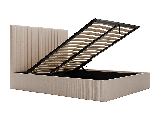 Lit coffre 180 x 200 cm avec tête de lit coutures verticales - Velours côtelé - Beige - SARAH II