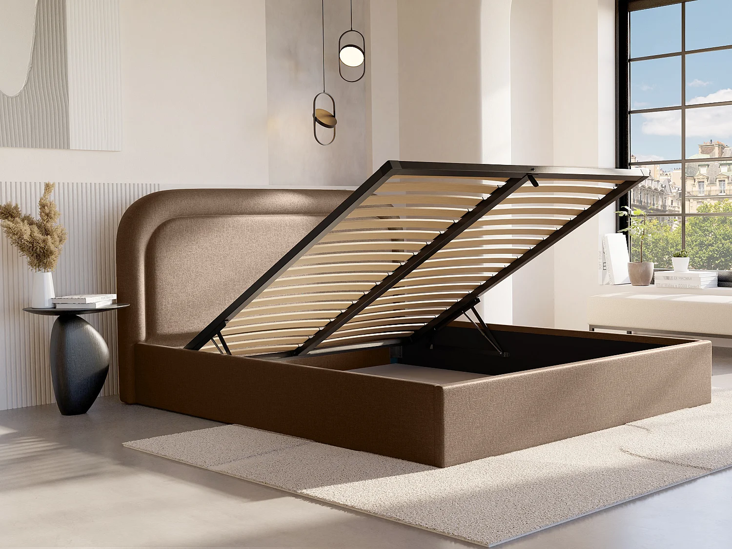 Bed met opbergruimte - 200 x 200 cm - Gevlamde stof - Taupegrijs - FIREZA II