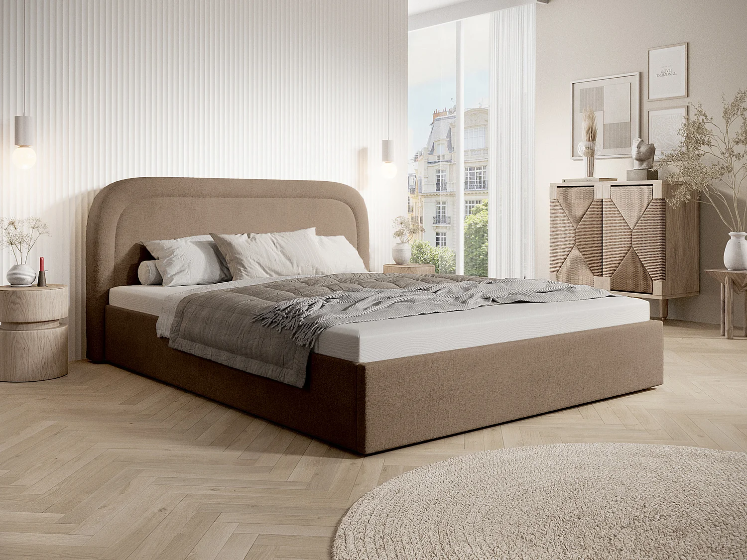 Bed met opbergruimte - 200 x 200 cm - Gevlamde stof - Taupegrijs - FIREZA II