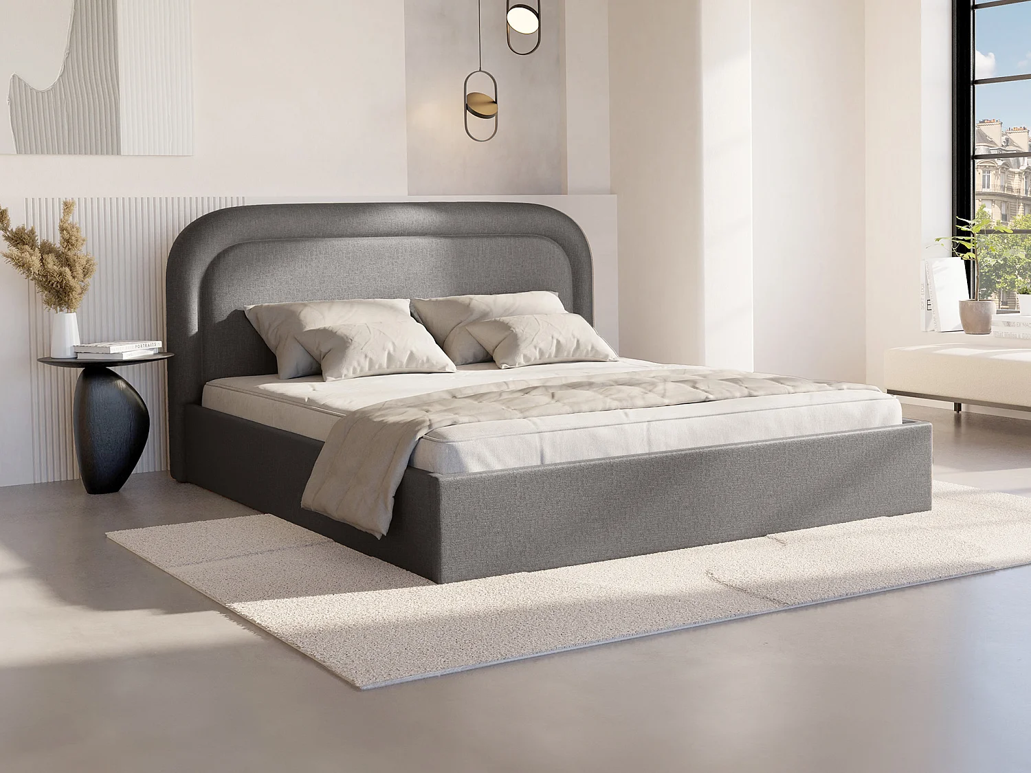 Łóżko ze skrzynią 160 x 200 cm - Melanżowa tkanina - Antracytowy - FIREZA II