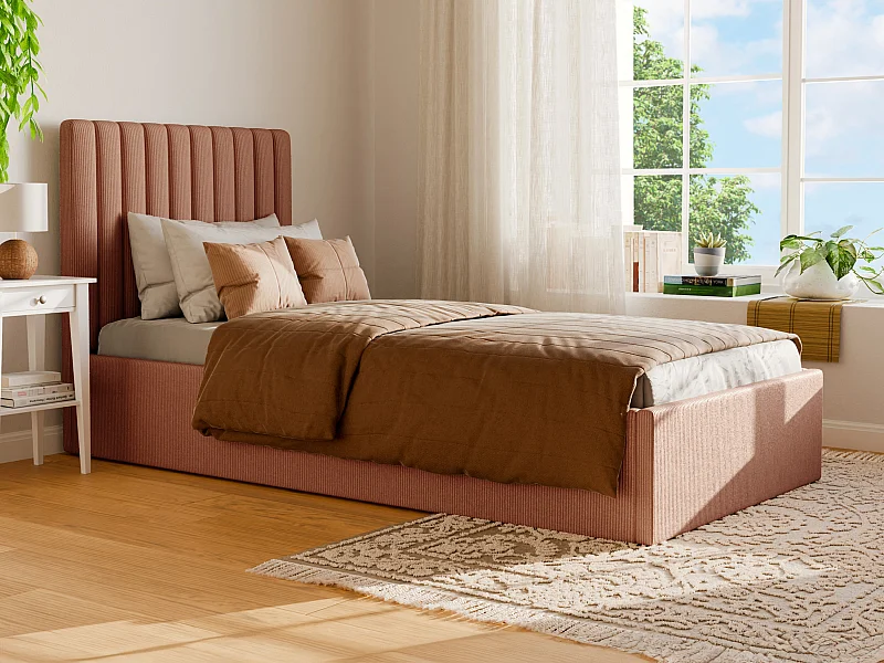 Cama com espaço de arrumação 90x190 cm com cabeceira de costuras verticais, veludo canelado cor-de-rosa - SARAH II