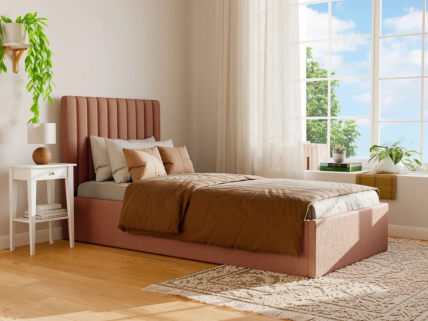 Bed met opbergruimte 90 x 190 cm met hoofdbord met verticale naden - Ribfluweel - Roze - SARAH II