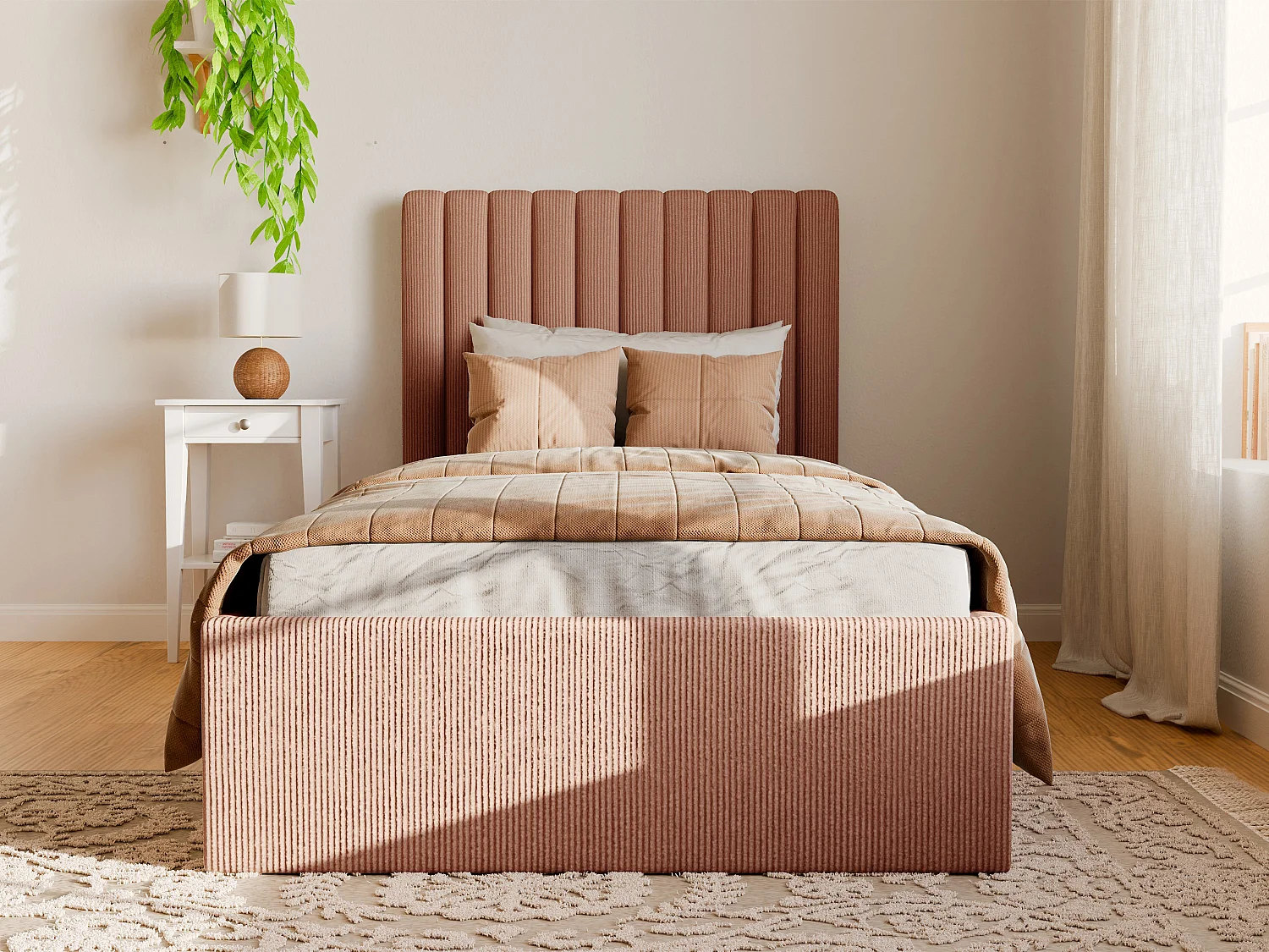 Bed met opbergruimte 90 x 190 cm met hoofdbord met verticale naden - Ribfluweel - Roze - SARAH II