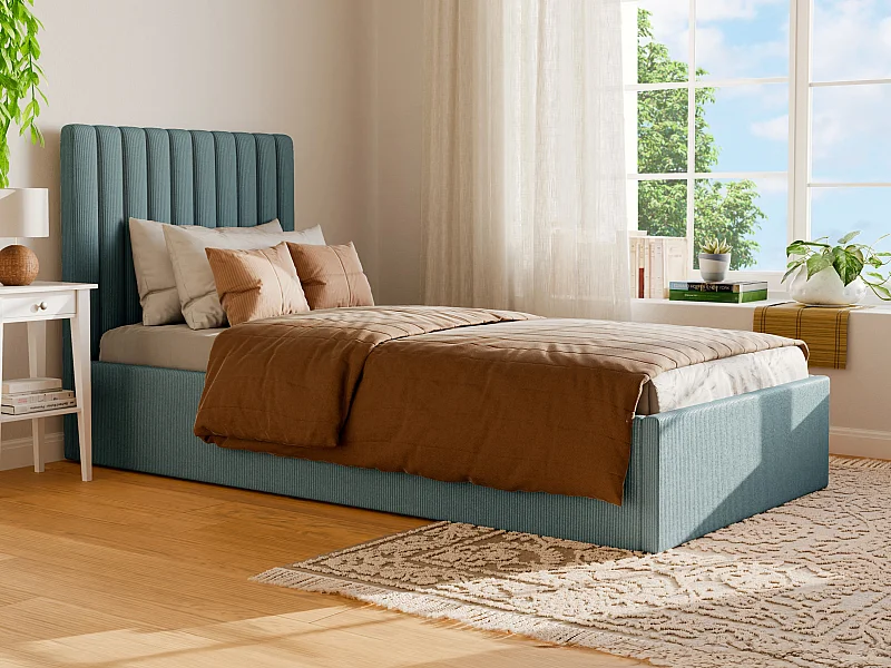 Cama com espaço de arrumação 90x190 cm com cabeceira de costuras verticais, veludo canelado azul-celeste - SARAH II