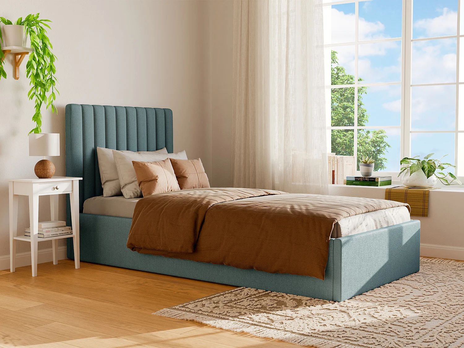 Bed met opbergruimte 90 x 190 cm met hoofdbord met verticale naden - Ribfluweel - Hemelsblauw - SARAH II