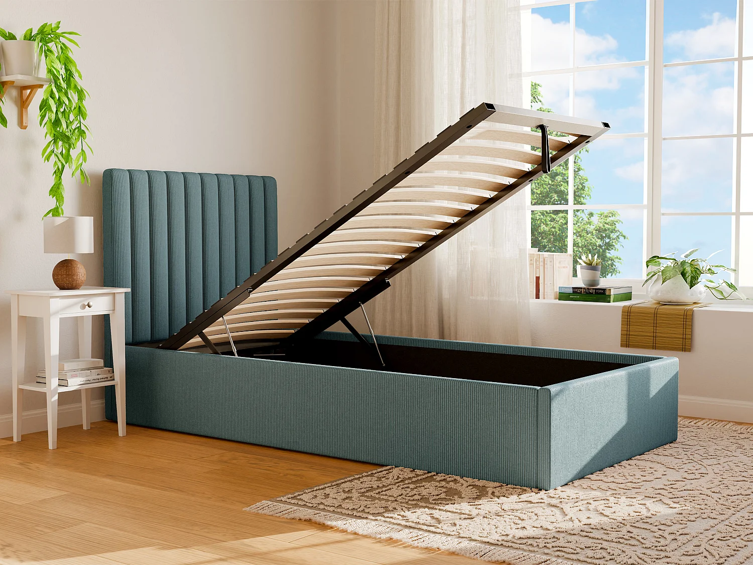 Bed met opbergruimte 90 x 190 cm met hoofdbord met verticale naden - Ribfluweel - Hemelsblauw - SARAH II